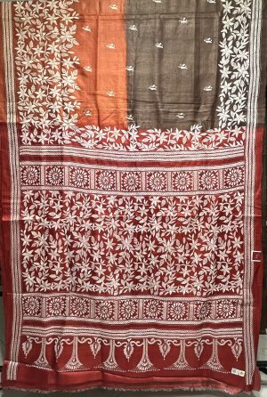 Striking Coffee & Rust Kantha stitch on Pure Gachi Tassar