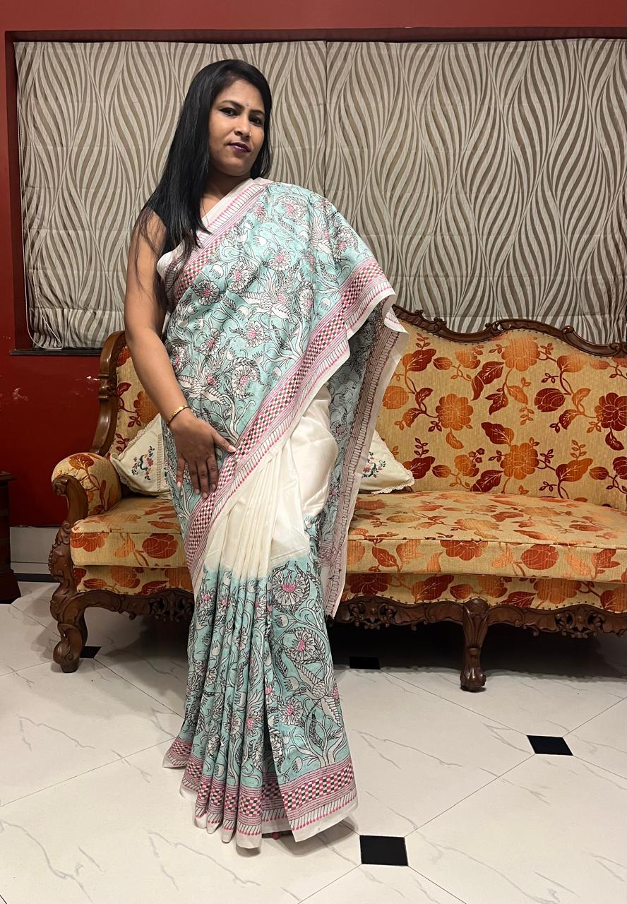 White Bangalore silk with Reverse Kantha work