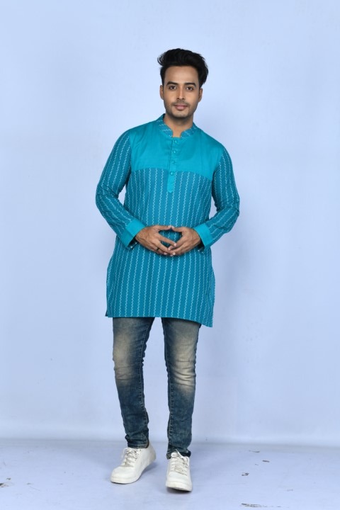 Self-striped Firoza colour full sleeves Short Kurta