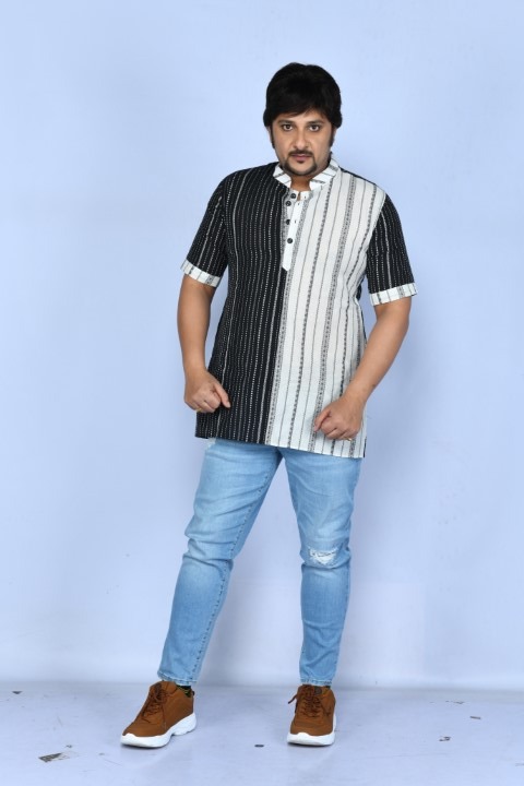White & Black stripes short sleeves Short Kurta