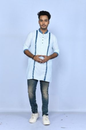 White & Blue stripes Short Kurta